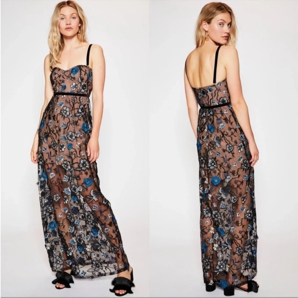 For Love & Lemons Beatrice Floral Embroidered Maxi Dress Blue - Picture 2 of 9